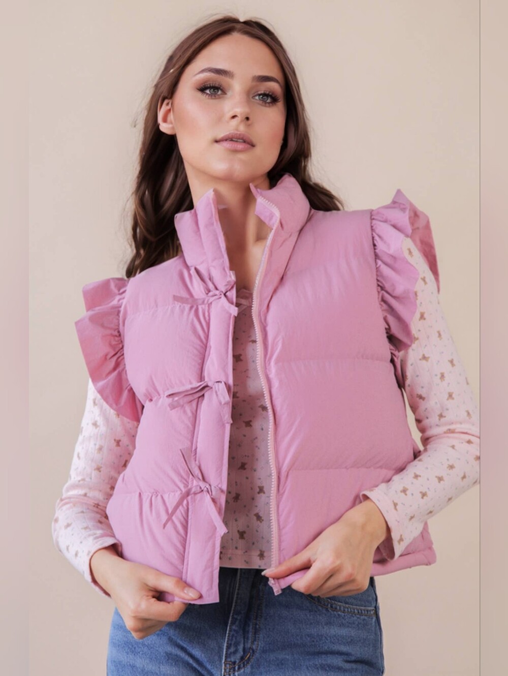 Women's Pink Ruffle Puffer Vest